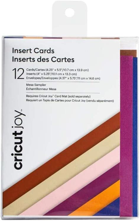 2007255 - Cricut Joy Insert Cards 12-Pack (Mesa); 12 cards (4 of each color) in Suntan, Khaki, Tulip; 12 inserts (4 of each color) in Wild Aster, Tangerine, Blue; 12 White envelopes; Dimensions: Cards 4.25 in x 5.5 in (10.8 cm x 14 cm), Inserts 4 in x 5.25 in (10.2 cm x 13.3 cm), Envelopes 4.4 in x 5.75 in (11.1 cm x 14.6 cm); Create vibrant two-tone greeting cards without the mess or hassle of glue; Easy to cut with specialized Cricut Joy™ Card Mat (sold separately); For Cricut Joy™